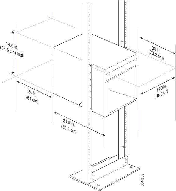Technical drawing of a server rack with dimensions in inches and centimeters for planning equipment installation.