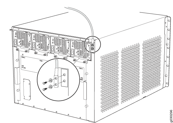 Technical illustration of a server rear showing ports, connectors, ventilation panels, and a magnified inset of a connection detail with screws and cable.