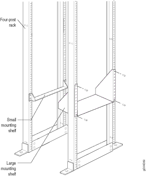 Structural diagram of a warehouse rack system with labeled components: largest cut, small mounting slot, large mounting slot, and leg mounting detail.