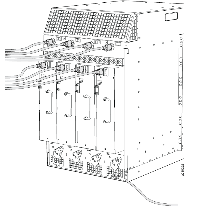 Technical illustration of an electronic equipment rack with modular components, cables, ventilation, and connectors.