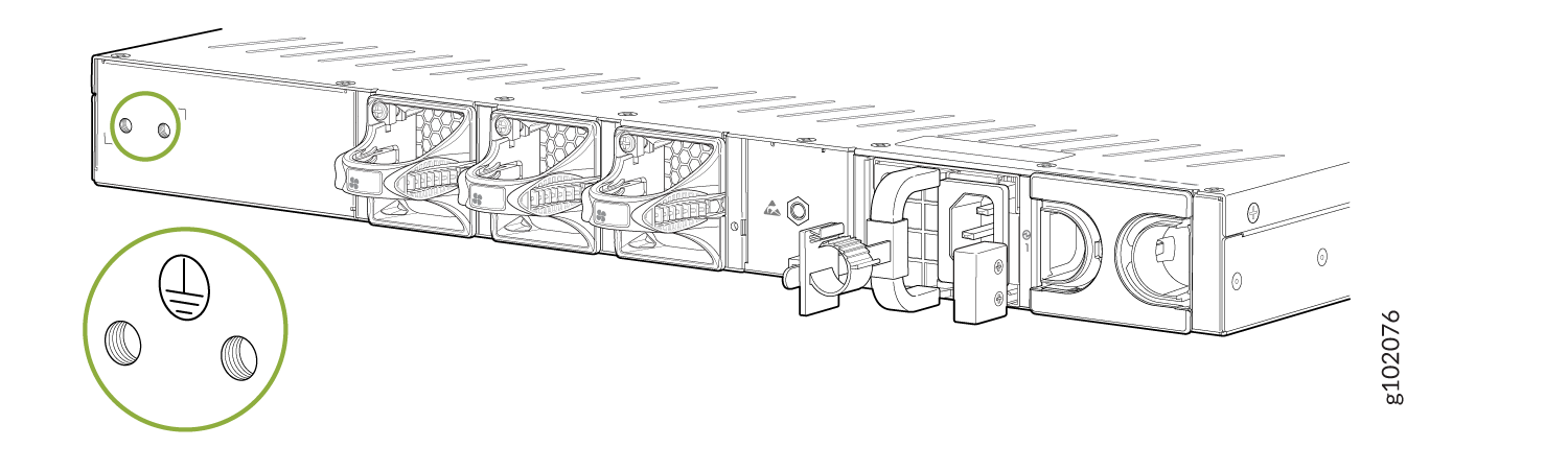 Rear view of a rack-mounted server showing cooling fans, two power supply units with circular connectors, and various ports. A green circle highlights threaded holes for mounting.