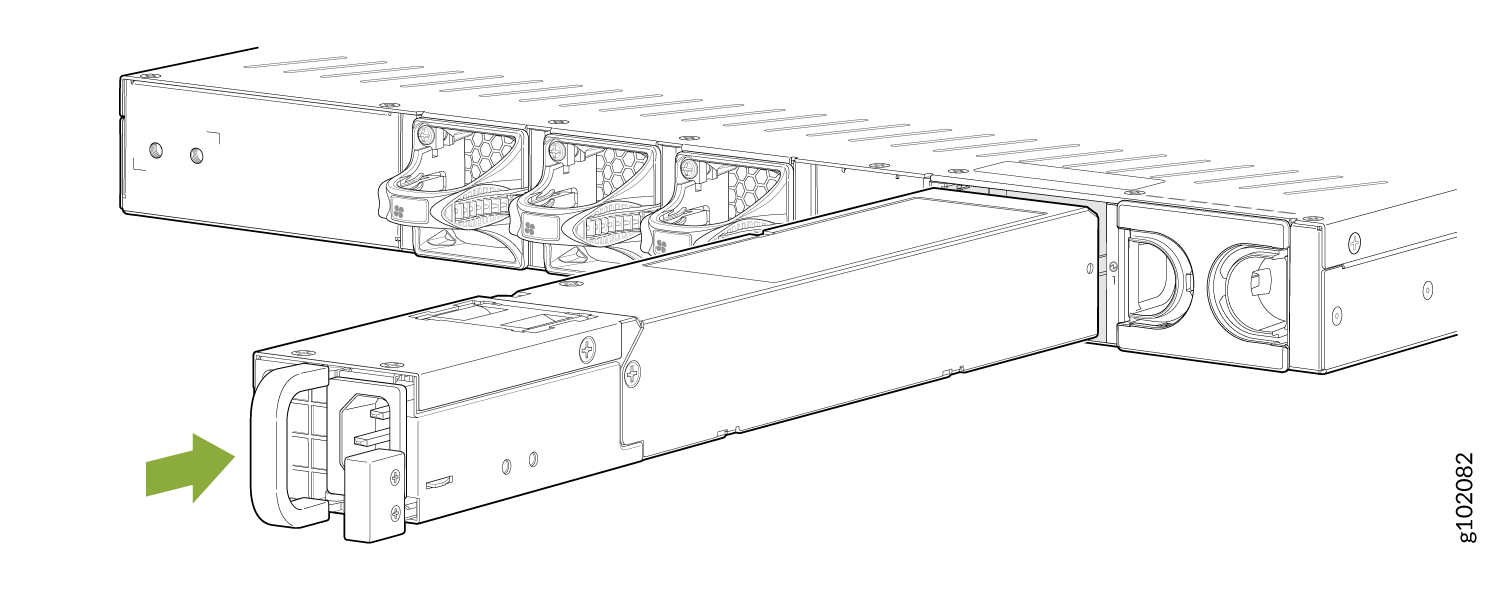 Server chassis with PSU being inserted or removed, indicated by a green arrow, with slots for fans and power supplies.