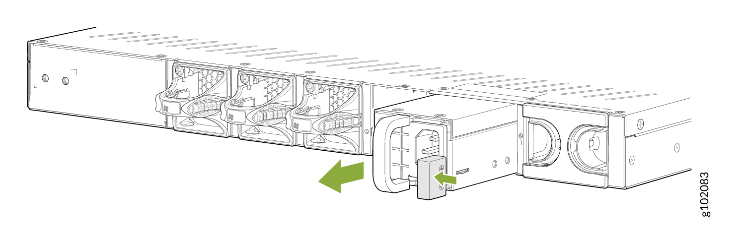 Technical illustration showing PSU removal or installation in a server chassis with green arrows indicating direction. Cooling fans visible on the left.