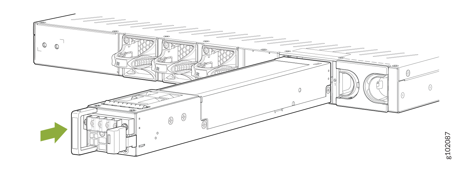 Modular component being inserted or removed from server rack; green arrow shows direction; includes cooling fans and connectors.