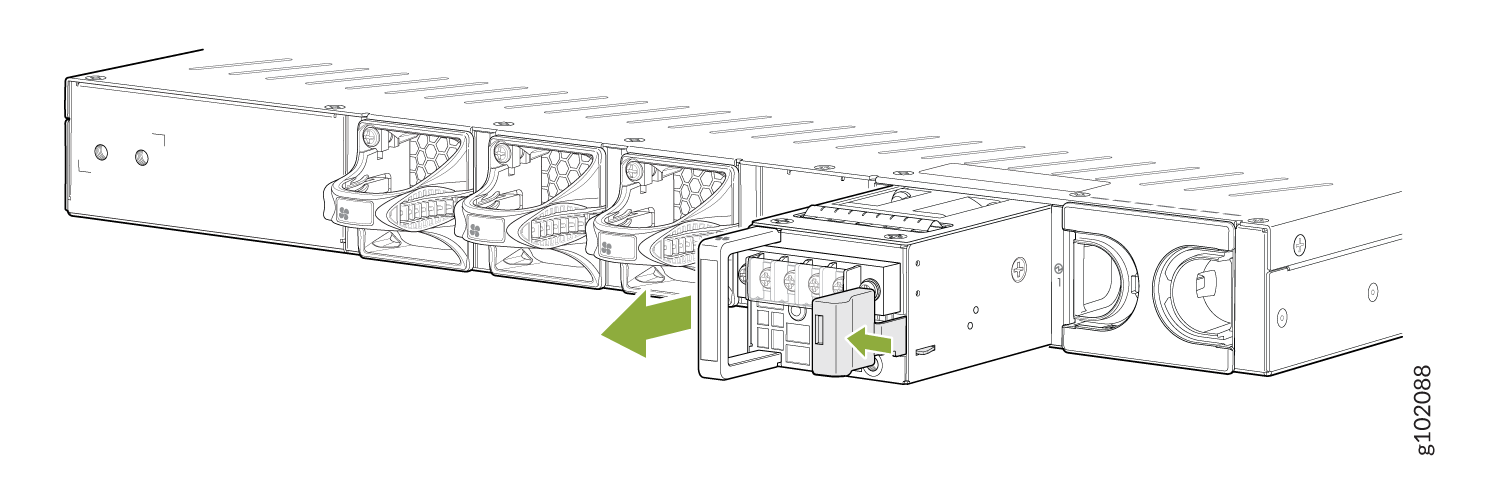 Technical illustration of a server chassis with green arrows indicating removal of a power supply unit.