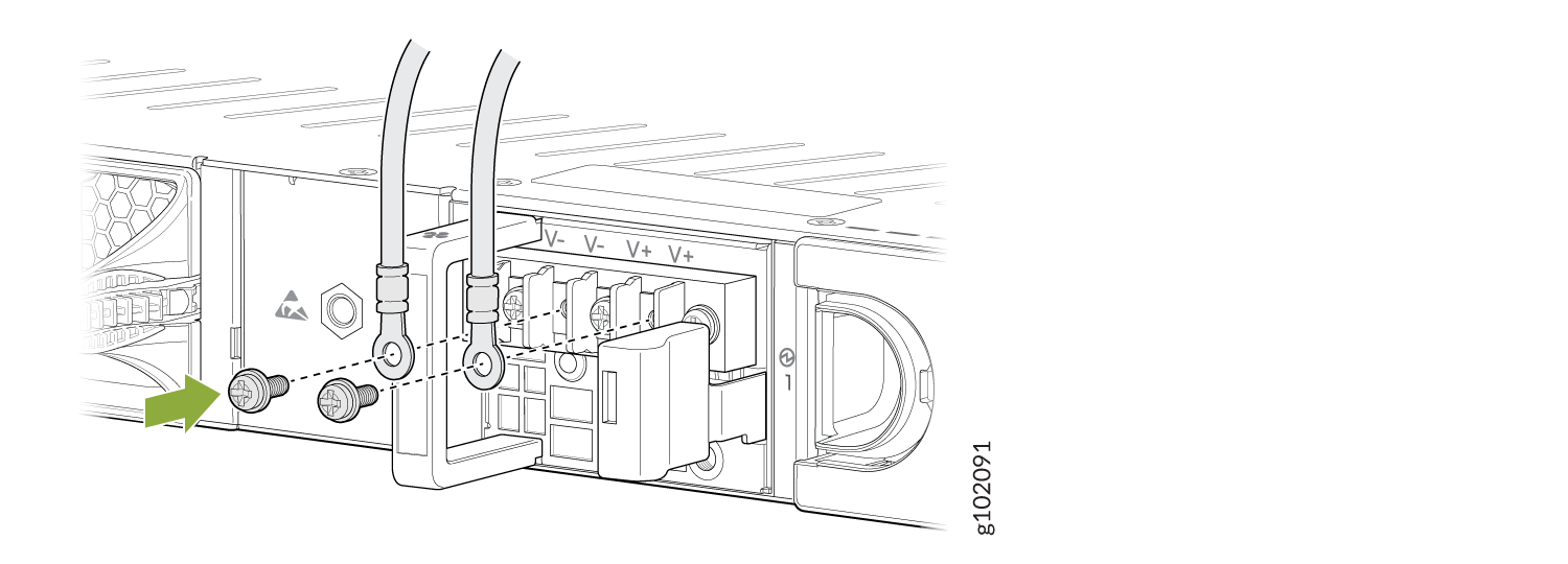 Cables connected to terminals labeled V- and V+ with screws and connectors, green arrow indicating installation step.