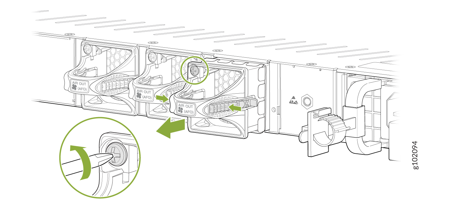 Technical illustration of server cooling fan removal or installation; airflow direction labeled as AIR OUT AFO; green arrows indicate fan removal steps; inset circle highlights an adjustable screw or latch mechanism.