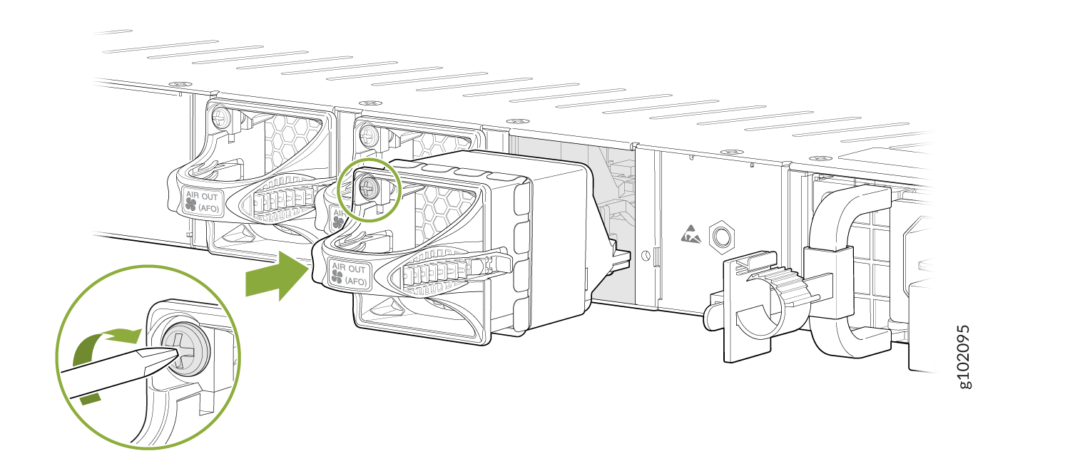 Fan module removal or installation process with honeycomb grille design; tool unlocking mechanism with green arrows indicating movement direction.