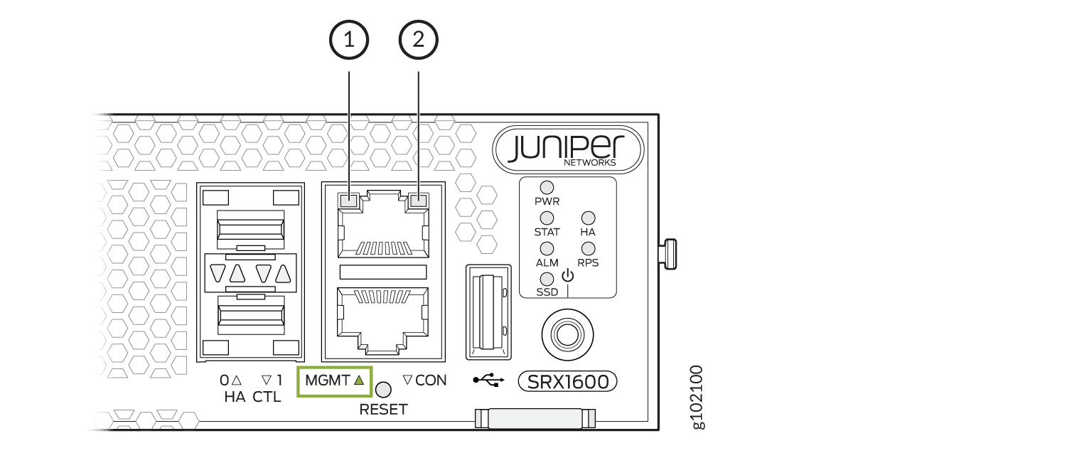 Juniper Networks SRX1600 front panel with HA CTL ports for redundancy, MGMT port for admin access, CON port for CLI, RESET button, LED status indicators, and USB port.