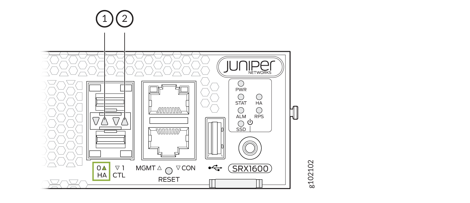 Juniper Networks SRX1600 front panel with CTL, MGMT, CON ports, PWR, STAT, HA, ALM, RPS, SSD indicators, reset button, USB port, and logo.
