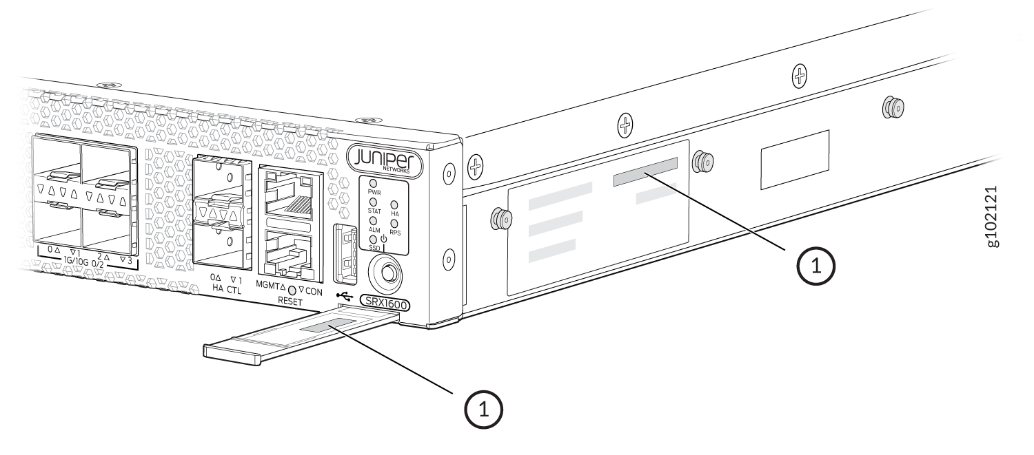 Front panel of Juniper Networks SRX1600 device showing Ethernet ports for connectivity, management and console ports for configuration, HA CTL port for redundancy, status LEDs for power, system, HA, alarms, and RPS, reset button, and SSD slot.