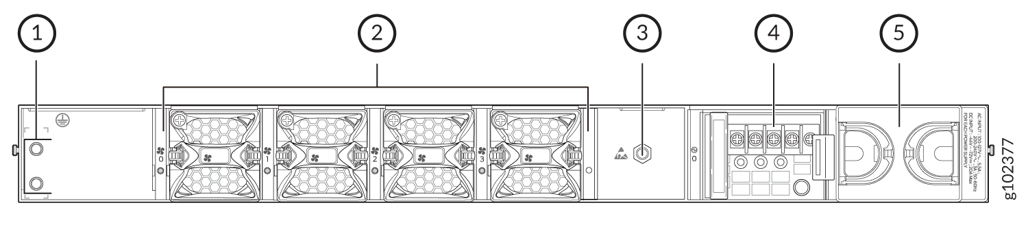Technical diagram of a rack-mounted server showing labeled sections: power supply, cooling fans, indicator panel, I/O ports, and drive bays.