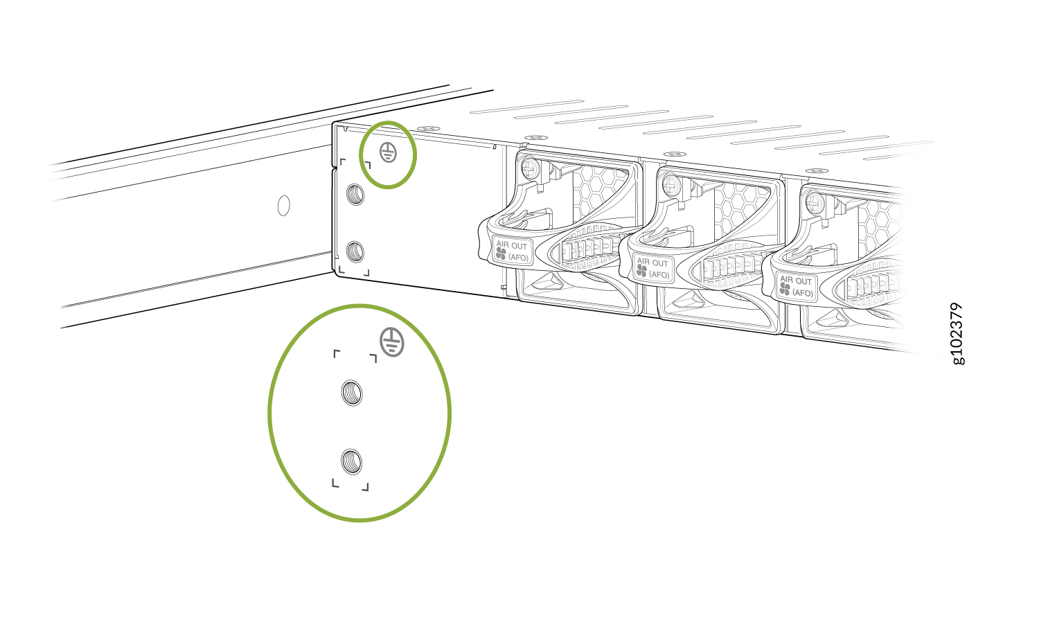 Rear view of server chassis showing cooling fans with AIR OUT labels for airflow direction and highlighted grounding points.