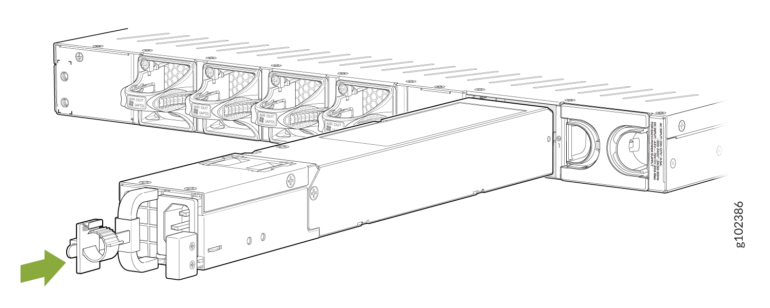 Power supply unit partially inserted into server chassis with connectors and airflow direction labels. Green arrow indicates insertion direction.