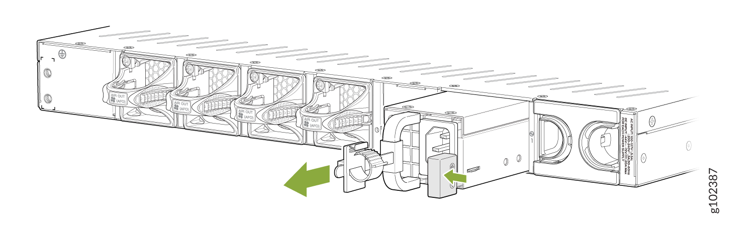 Technical illustration of server chassis with cooling fans. Green arrows show fan module installation. 