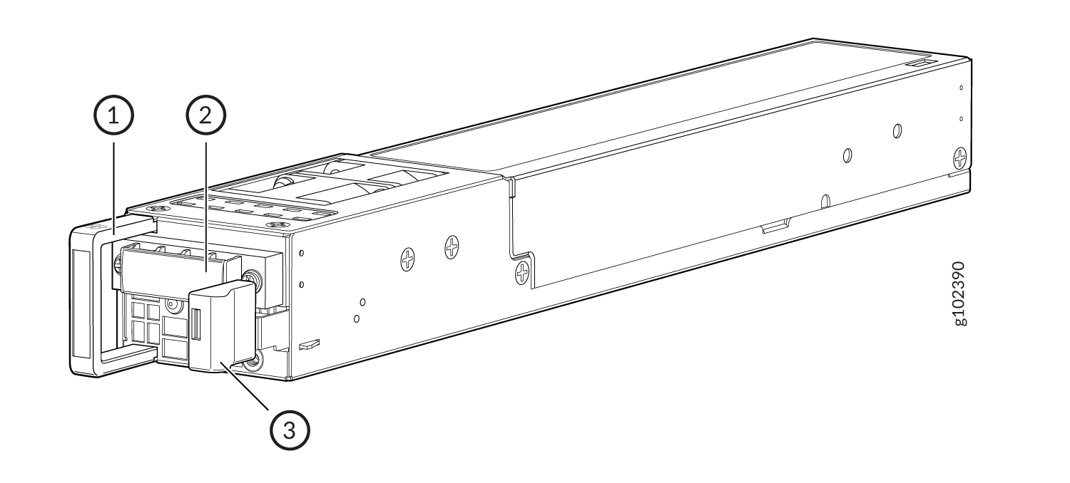 Technical drawing of a modular component with numbered labels showing a handle mechanism, connector interface, and locking tab.