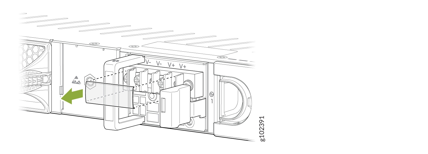 Power supply unit with terminals labeled V- and V+ for voltage connections, green arrow indicates connector direction.