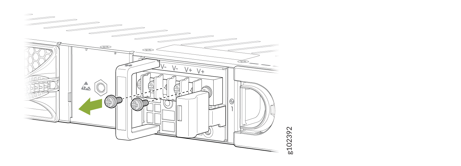 Technical illustration of a power supply unit showing connector with labeled V+ and V- connections and green arrow indicating insertion direction.