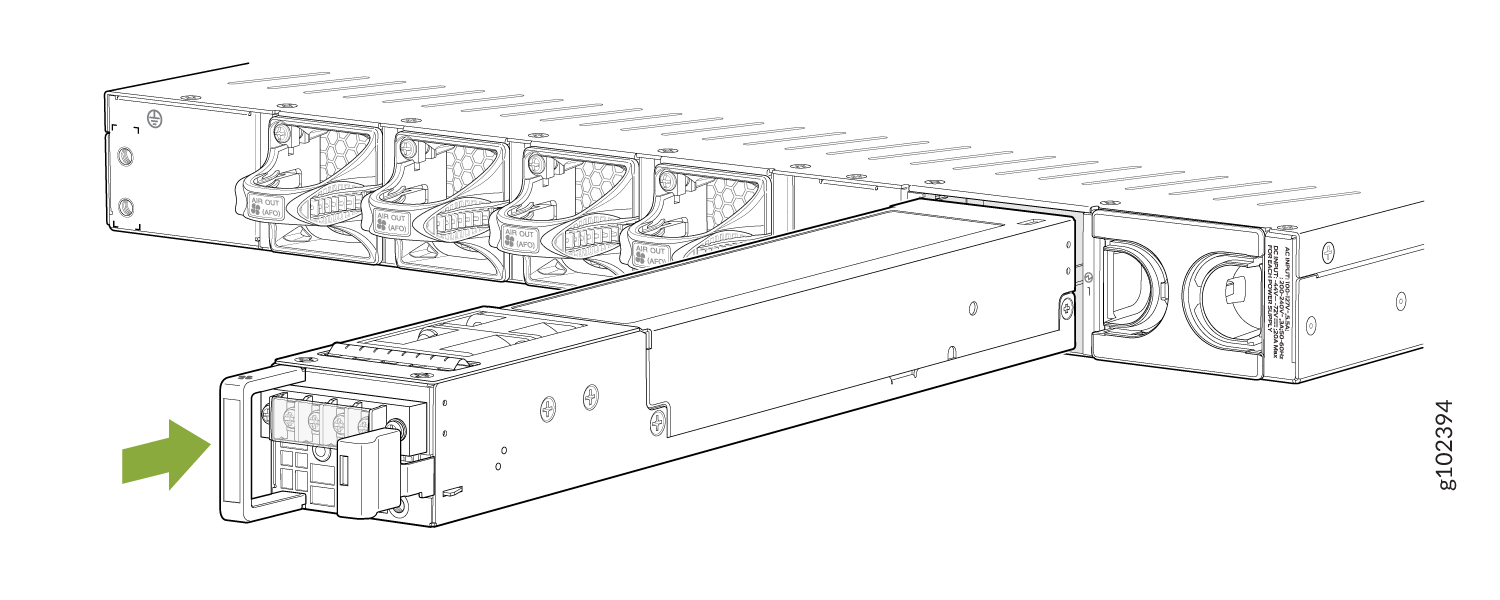 Technical illustration of a server chassis showing a modular component being inserted or removed with a green arrow indicating direction.
