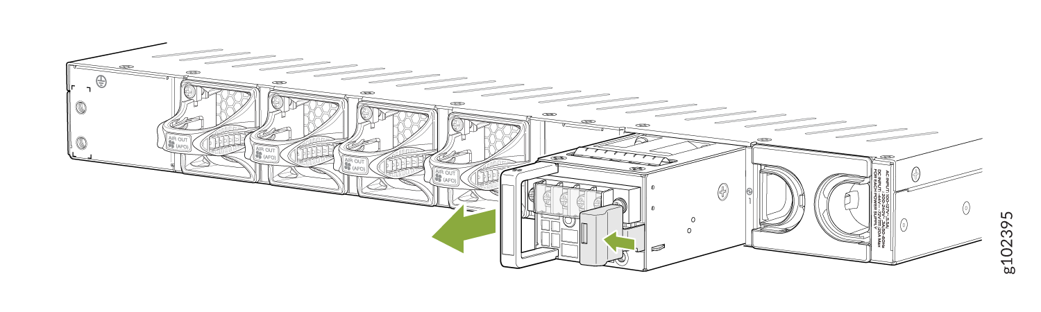 Technical illustration of a server chassis with fan modules. Green arrows show the hot-swappable feature for fan module removal or insertion.