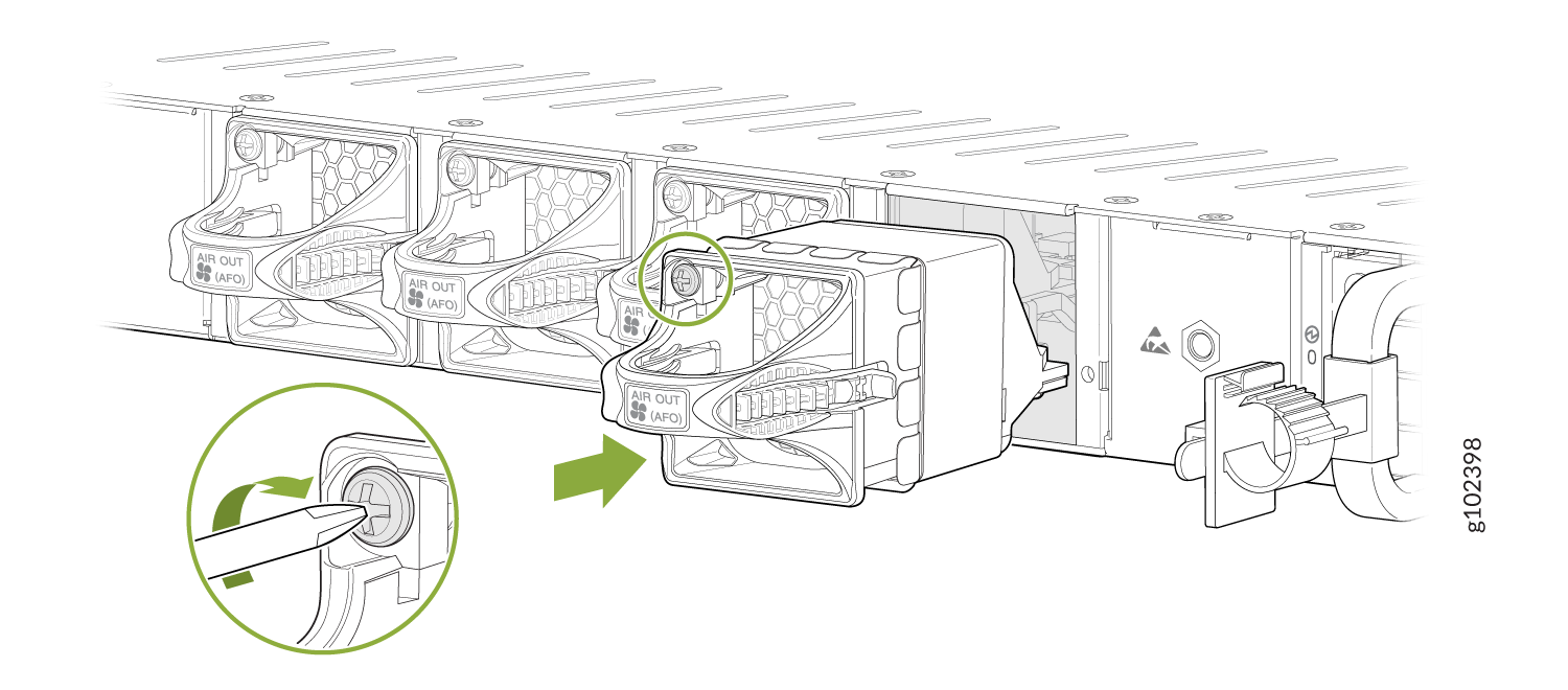Technical illustration showing removal or installation of a fan module labeled AIR OUT AFO with a tool unlocking it in the indicated direction.