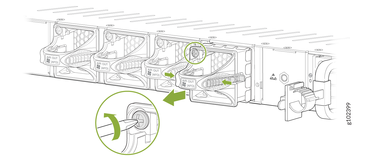 Removing or installing cooling fans in server equipment with labeled airflow direction and green arrows for steps.