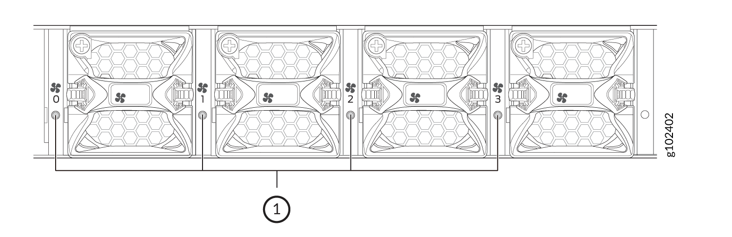 Technical drawing of a modular cooling system with hexagonal patterns and fan icons labeled 0 to 3 for airflow management.