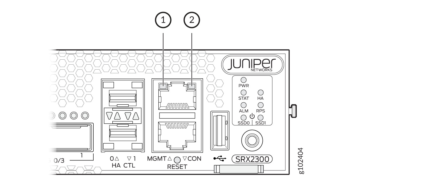 Front panel of Juniper Networks SRX2300, showing MGMT and CON ports, status LEDs, reset button, USB port, and hexagonal design pattern.