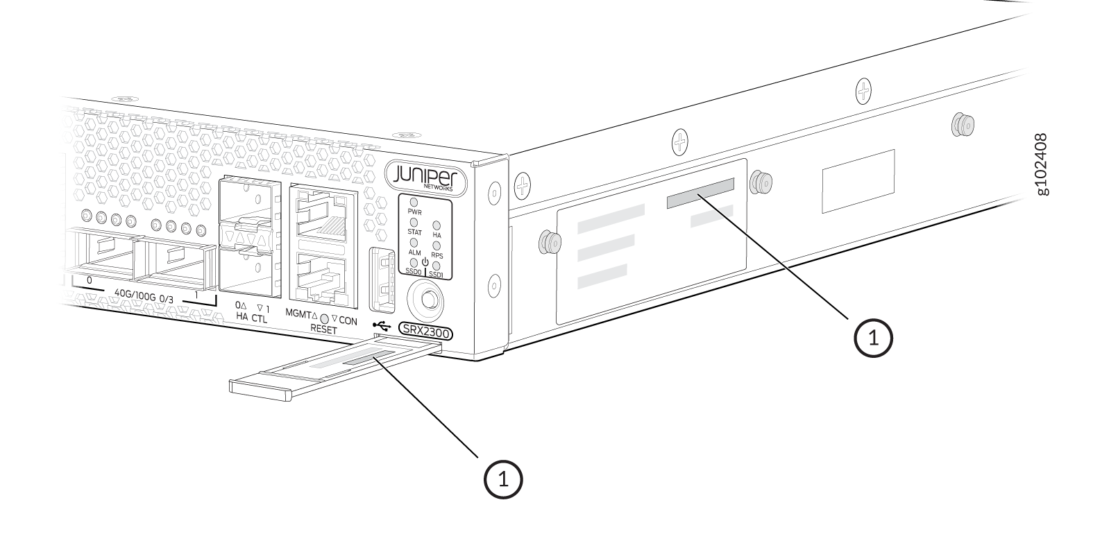 Rear panel of Juniper Networks SRX2300 showing SSD slot with partially inserted SSD, network ports, management ports, reset button, and status LEDs.