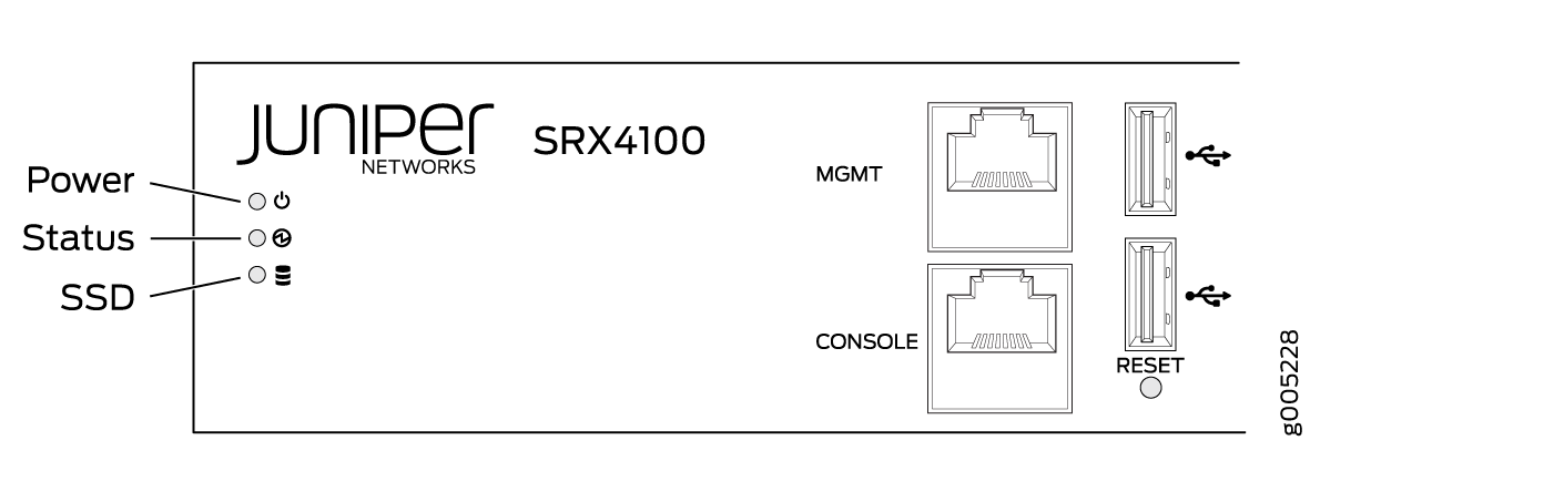 Front panel of Juniper Networks SRX4100 Services Gateway with LED indicators for power, status, SSD; MGMT and CONSOLE ports; two USB ports; and RESET button.