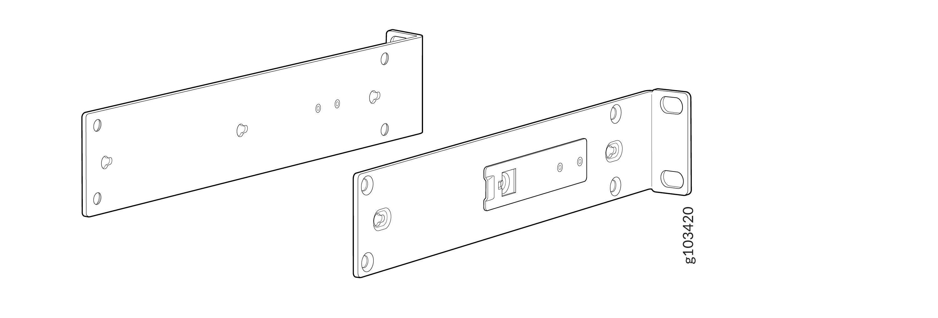 Technical drawing of metal brackets with holes and slots for screws, labeled g103420, for mounting components.