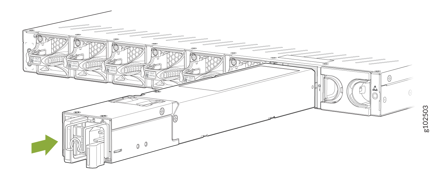 Inserting or removing a power supply unit in a server, indicated by a green arrow, with surrounding cooling fans labeled AIR OUT.