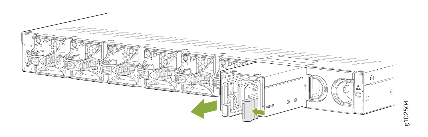 Server illustration showing removal of power supply unit with green arrows indicating direction. Cooling fans on left labeled AIR OUT show airflow direction.