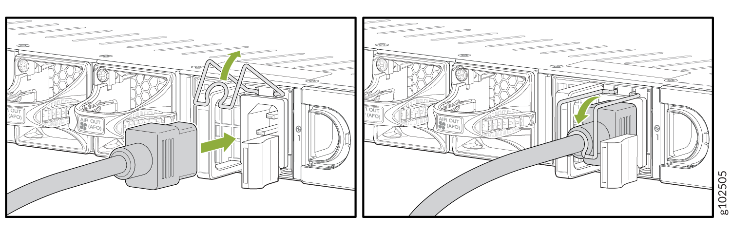 Connecting power cable to server showing clip adjustment and secure connection on rack-mounted device with airflow labels AIR OUT AFO.