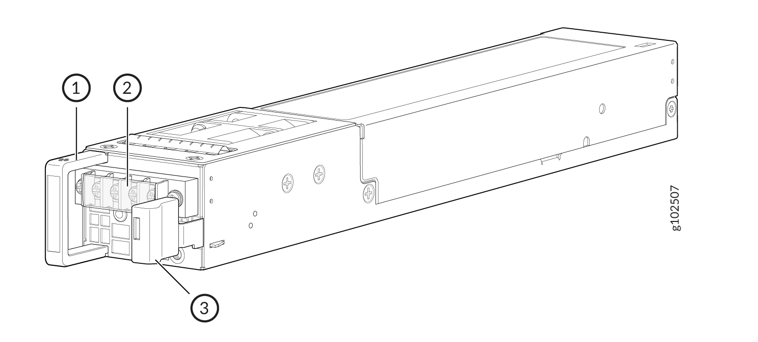 Technical drawing of an electrical module with labeled connector block, terminal screws, and latch for industrial use.
