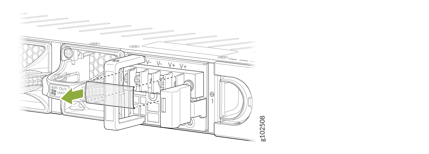 Rear view of PSU showing airflow direction labeled AIR OUT with a green arrow and power terminals labeled V- and V+ for voltage connections.