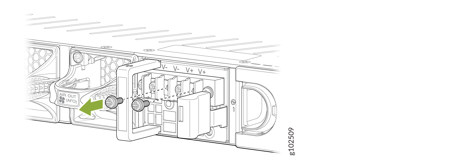 Rear view of a server's power supply area with V- and V+ terminals labeled for voltage connections. Green arrow indicates connection point. "AIR OUT AFO" label shows airflow direction for cooling.