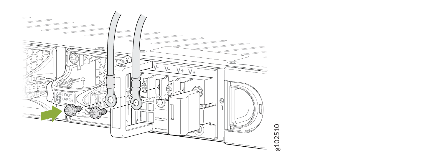 Back of electronic device with ports; two cables labeled V- and V+ for power; AIR OUT AFO section with fan symbol; green arrow highlighting part.