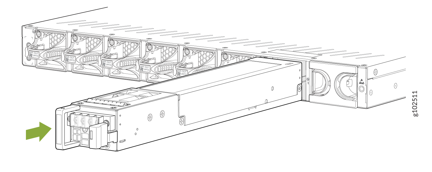 Power supply unit being inserted or removed from a server chassis with a green arrow indicating direction. Fan units labeled AIR OUT for cooling.