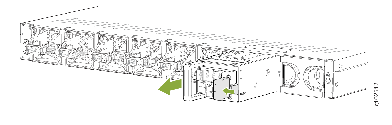 Server chassis with cooling fans labeled AIR OUT AFD on the left and a power supply unit with green arrows indicating removal on the right.