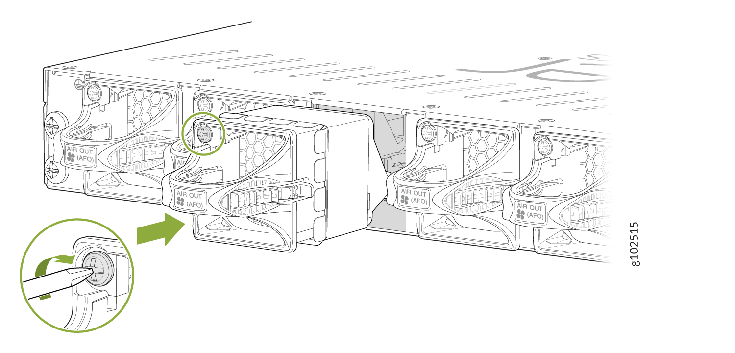 Server illustration showing fan module removal with AIR OUT AFO labels and tool interacting with latch mechanism.