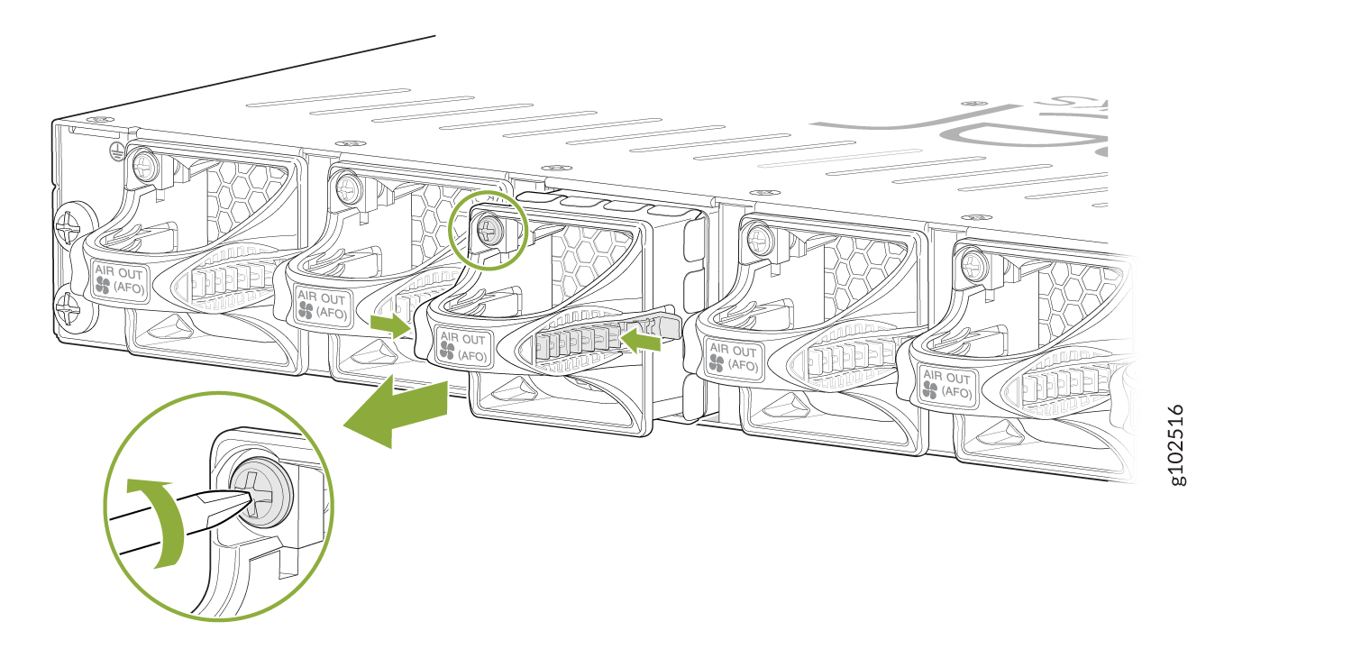Airflow direction labeled AIR OUT AFO with green arrows showing screwdriver use for unlocking or securing fan modules in server maintenance.