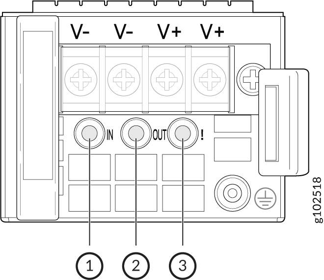 Terminal connections of an electronic device with V- and V+ voltage outputs, IN, OUT, and exclamation terminals for control, and a ground symbol.