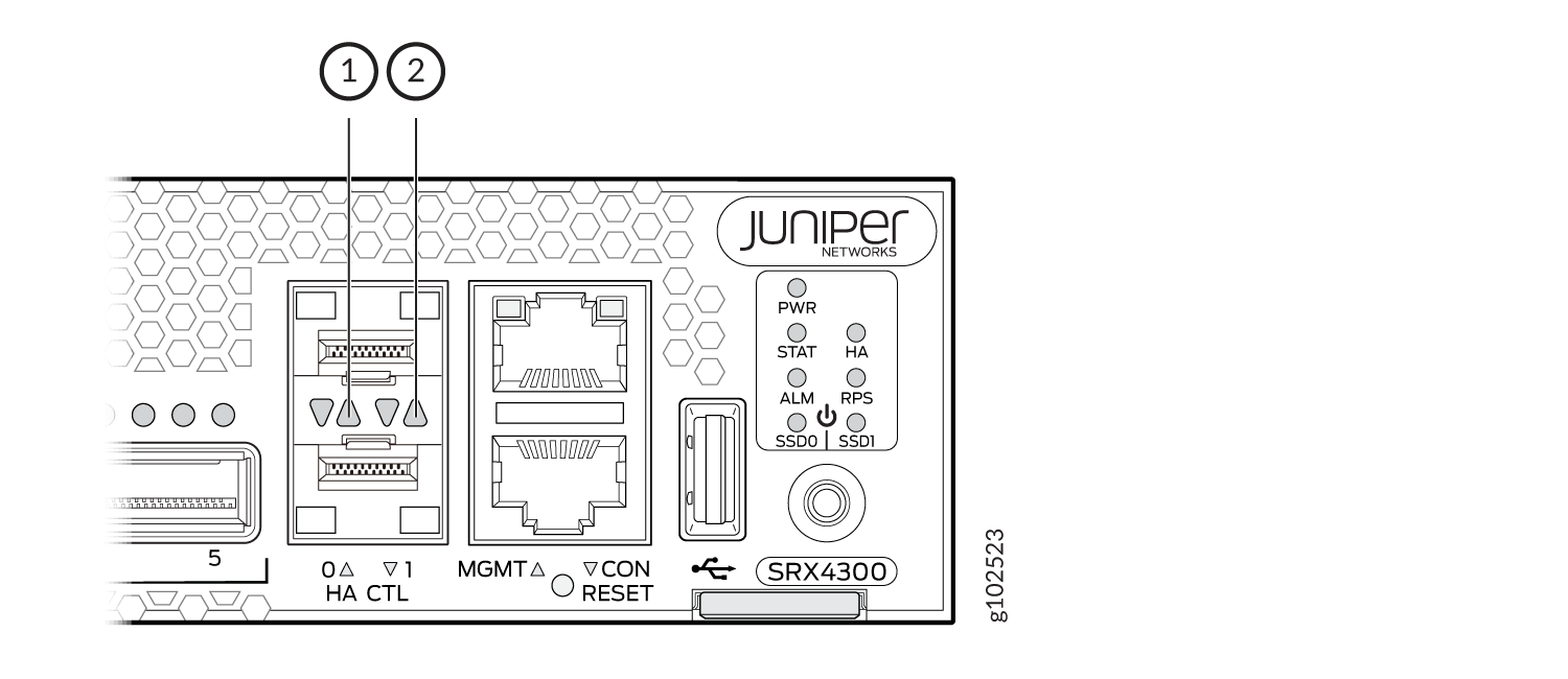 Front panel of Juniper Networks SRX4300 with HA CTL, MGMT, CON ports, RESET button, status LEDs, USB port, and branding.