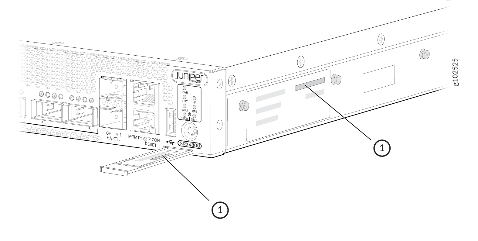 Juniper Networks SRX4300 Services Gateway front panel showing SSD drive slot, management ports, HA control ports, and status LEDs.
