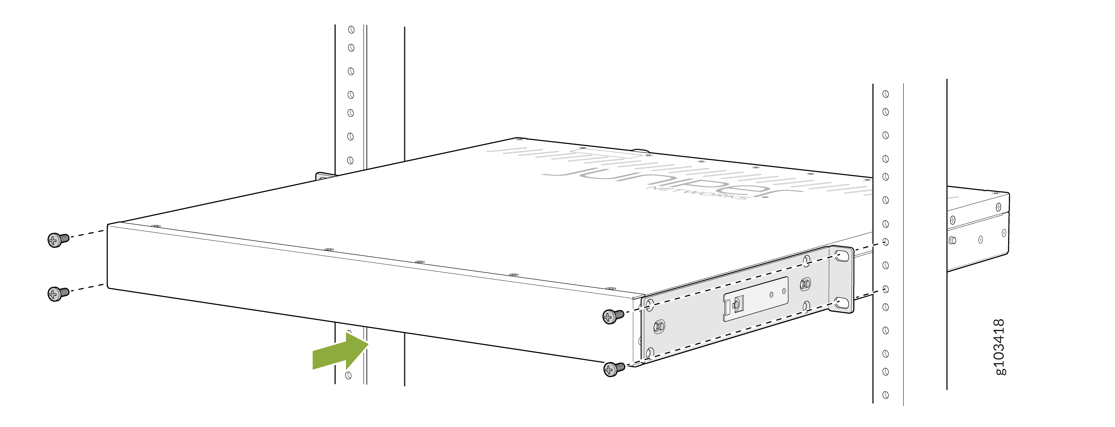 Rack-mounted Juniper Networks device being secured to server rack with screws and green arrow indicating alignment.