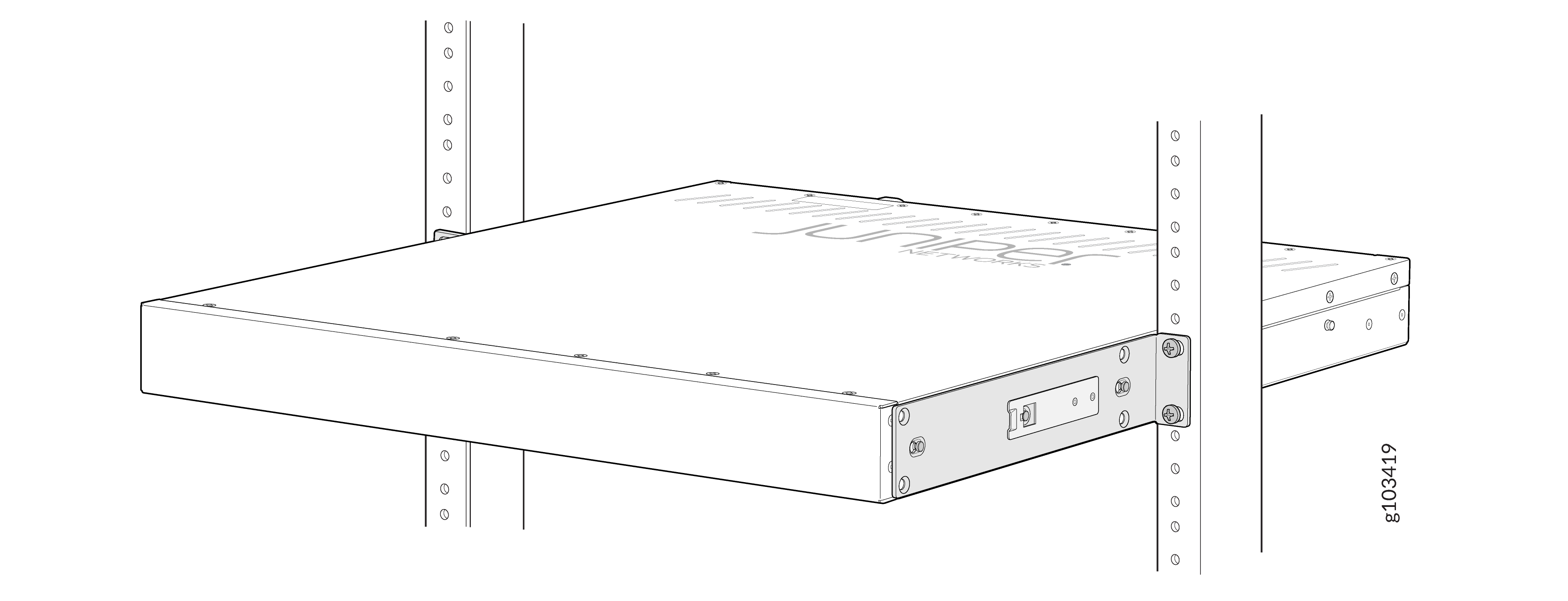 Line drawing of a rack-mounted Juniper Networks hardware appliance with visible logo, used in data centers or networking setups.