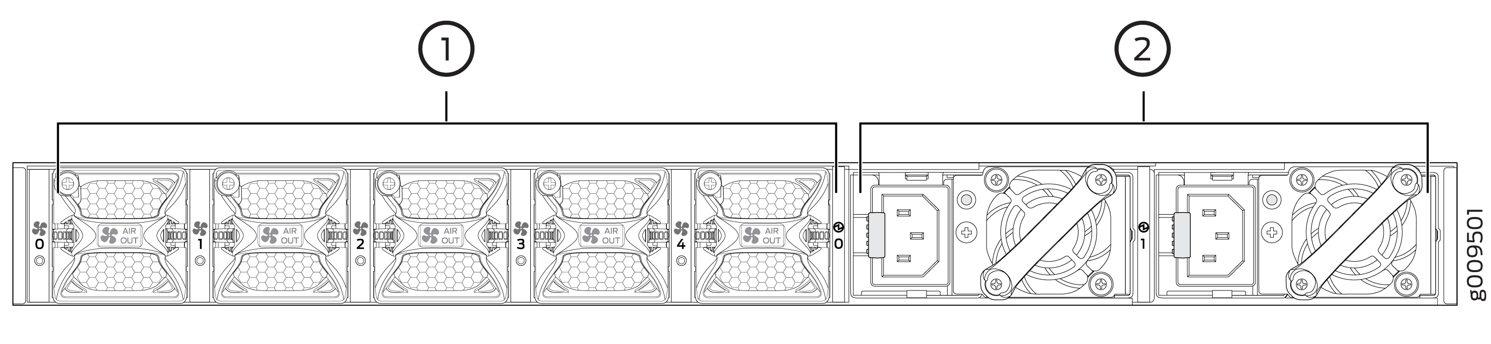 Diagram of a server cooling system with two sections: Section 1 has five numbered fans labeled AIR OUT; Section 2 has smaller fans and a power connector.