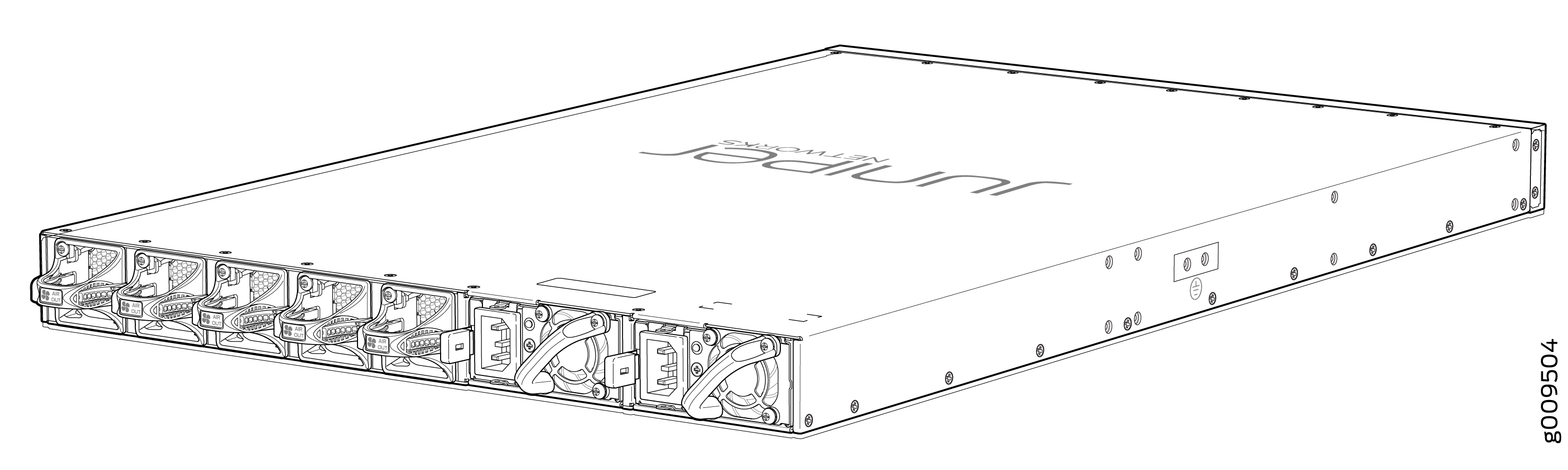Juniper Networks rack-mounted router with multiple ports and cooling fans on the front panel.