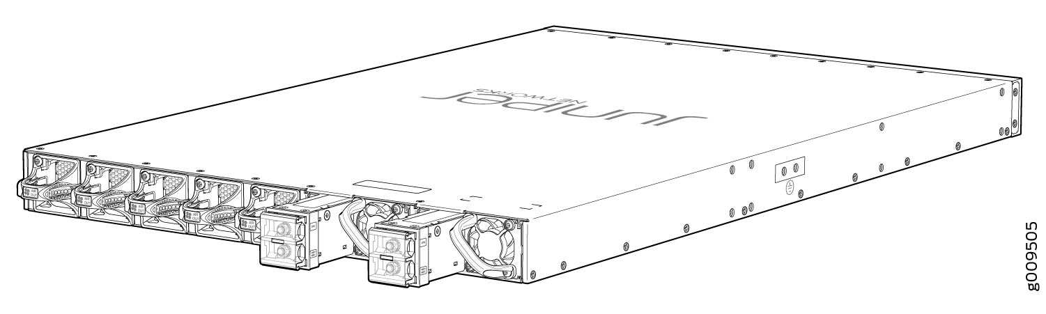 Rear view line drawing of Juniper Networks QFX5120-48Y fan module with cooling fans and power supply units.
